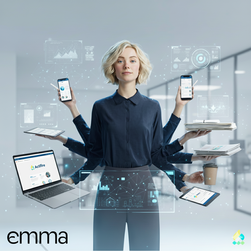 Junge Frau mit mehreren digitalen Geräten – KI-Agent übernimmt Multitasking im Büroalltag.